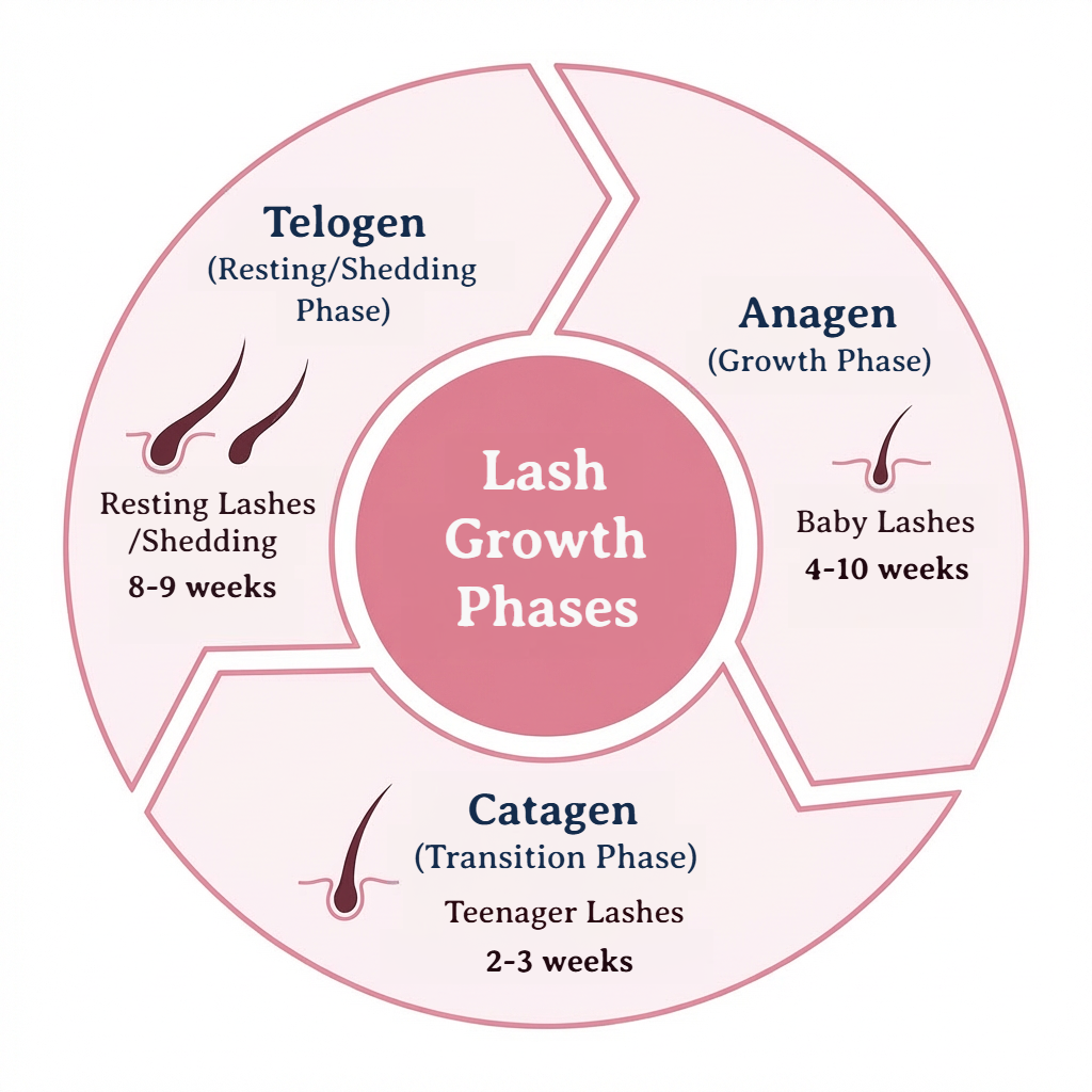 Diagram of the three lash growth phases: Anagen, Catagen, and Telogen in a circular cycle